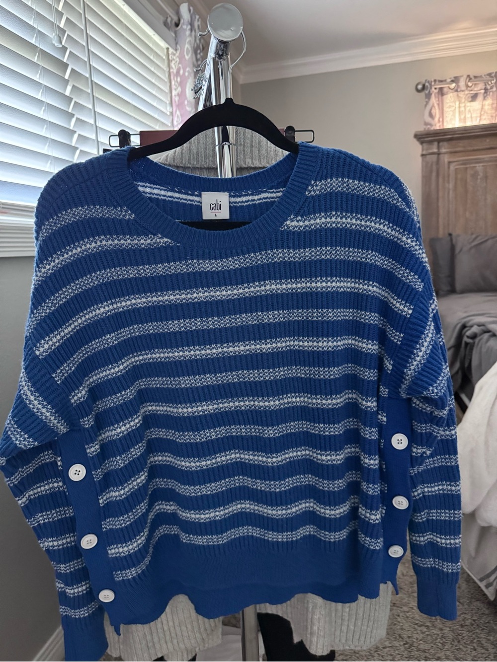 CAbi Blue and White Striped Button-Side Sweater